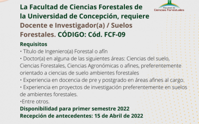OFERTA DE EMPLEO: La Facultad de Ciencias Forestales de la Universidad de Concepción, requiere Docente e Investigador(a) / Suelos Forestales,jornada completa.